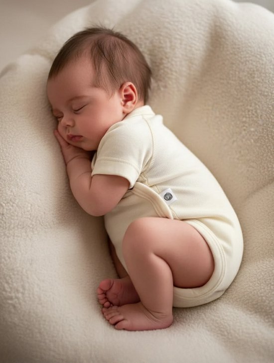 Wollen overslag romper korte mouw -merino wol- Naturel beige