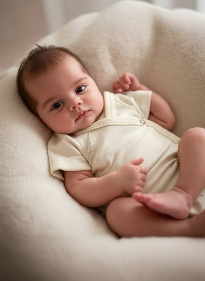Wollen overslag romper korte mouw -merino wol- Naturel beige