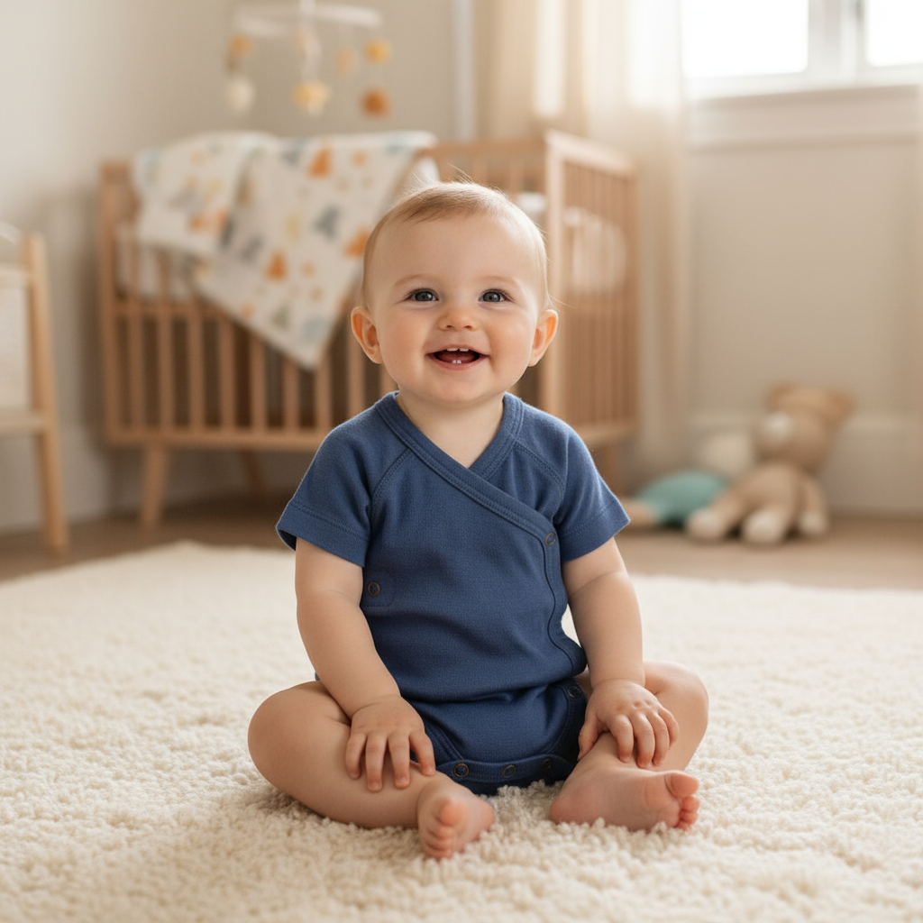 Wollen overslag romper korte mouw -merino wol- vintage indigo - Just Babystuff