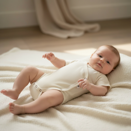 Wollen overslag romper korte mouw -merino wol- Naturel beige