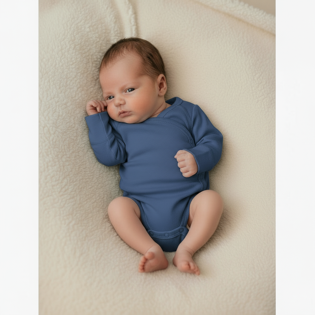 Wollen Overslagromper lange mouw - Merinowol - Vintage Indigo - Just Babystuff