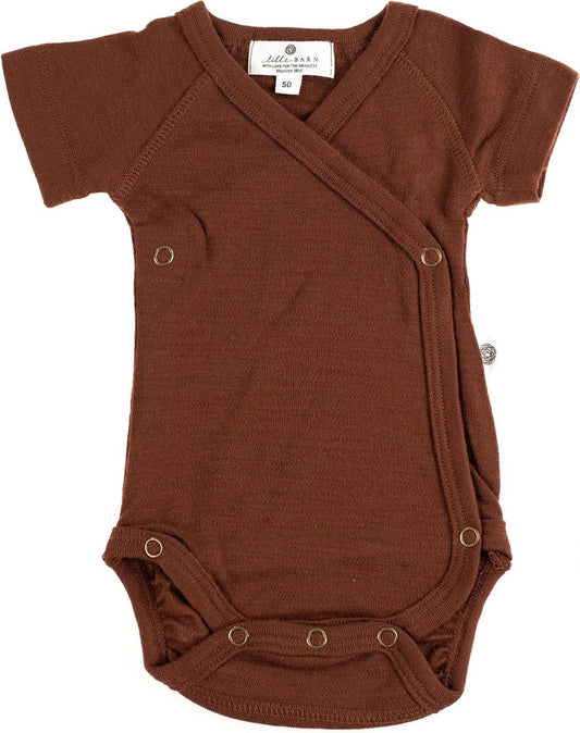 Wollen overslag romper korte mouw -merino wol- chocolate fondant