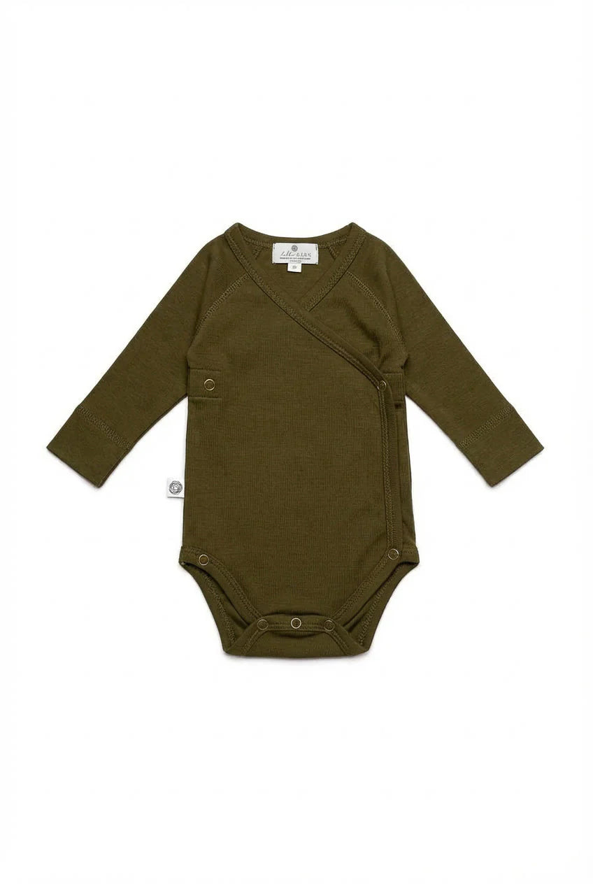 Wollen Overslagromper lange mouw - Merinowol - Fir Green - Just Babystuff